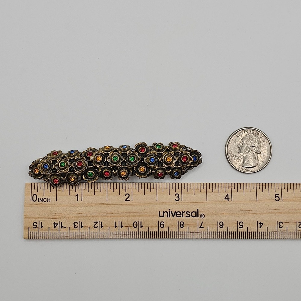 Vtg Czech Style Brass Floral Bar Brooch Multicolor Glass Rhinestones 3.5" Stmt - Picture 10 of 10